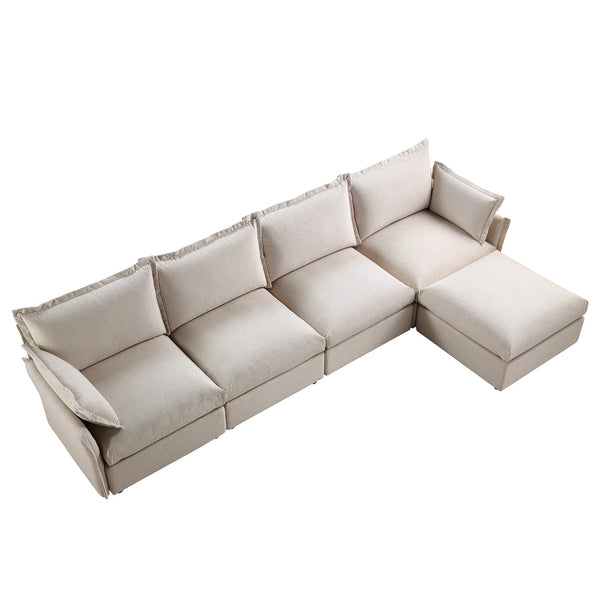 Byron Pillow Edge Beige Fabric Modular Sofa, 4-Seater Chaise