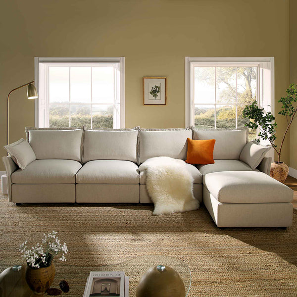 Byron Pillow Edge Beige Fabric Modular Sofa, 4-Seater Chaise