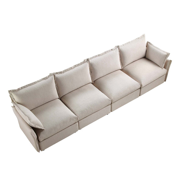 Byron Pillow Edge Beige Fabric Modular Sofa, 4-Seater