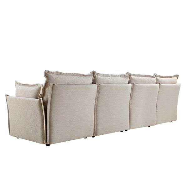 Byron Pillow Edge Beige Fabric Modular Sofa, 4-Seater