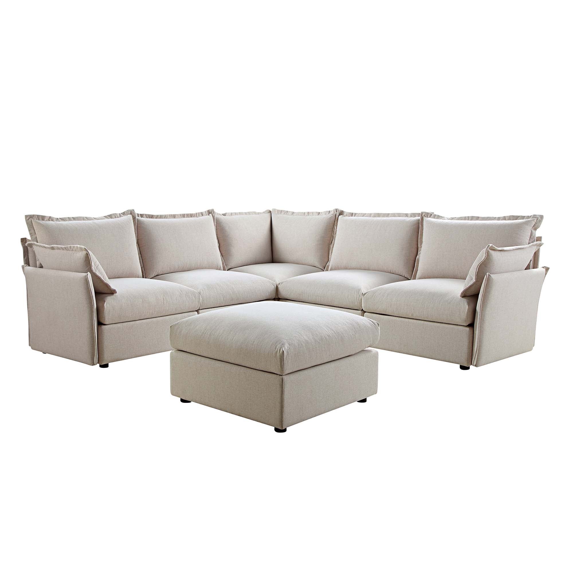 Byron Pillow Edge Beige Fabric Modular Sofa, 5-Seater Corner & Stool Set