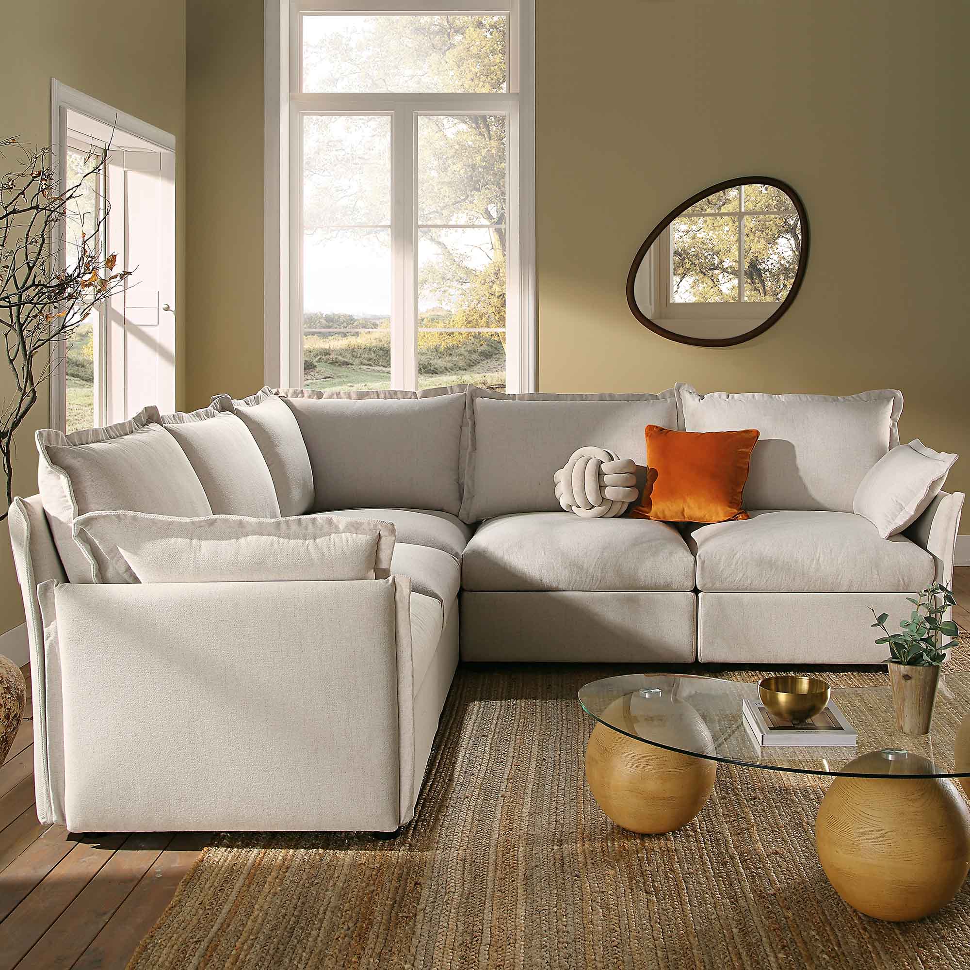 Byron Pillow Edge Beige Fabric Modular Sofa, 5-Seater Corner