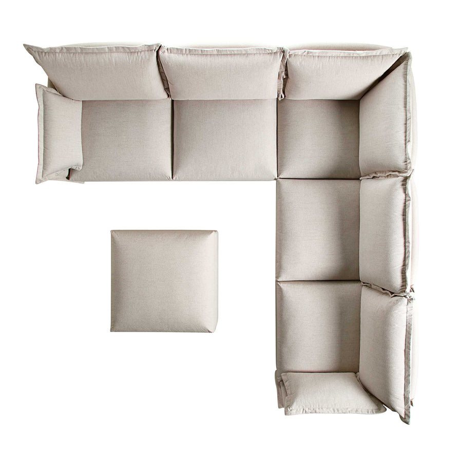 Byron Pillow Edge Beige Fabric Modular Sofa, 5-Seater Corner & Stool Set
