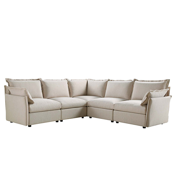 Byron Pillow Edge Beige Fabric Modular Sofa, 5-Seater Corner