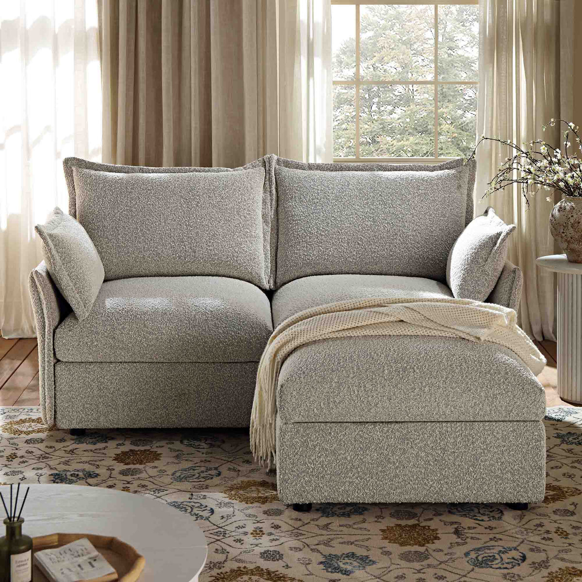 Byron Pillow Edge Mist Grey Boucle Modular Sofa, 2-Seater Chaise | daals