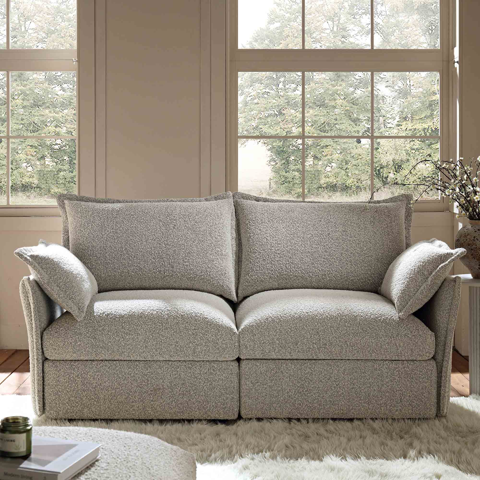 Byron Pillow Edge Mist Grey Boucle Modular Sofa, 2-Seater