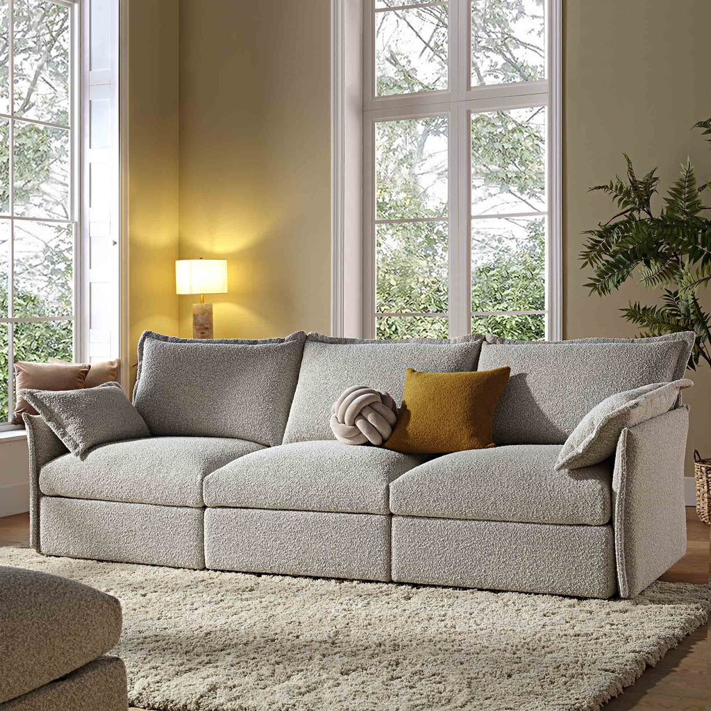 Byron Pillow Edge Mist Grey Boucle Modular Sofa, 3-Seater | daals