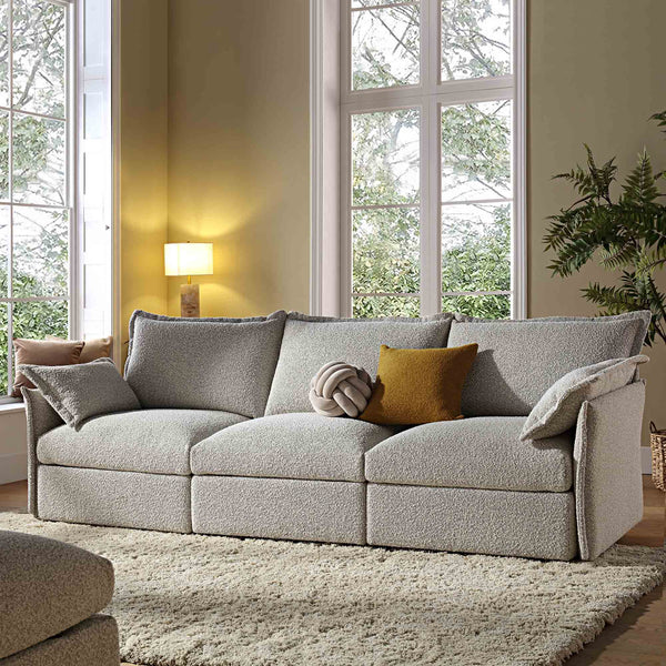 Byron Pillow Edge Mist Grey Boucle Modular Sofa, 3-Seater