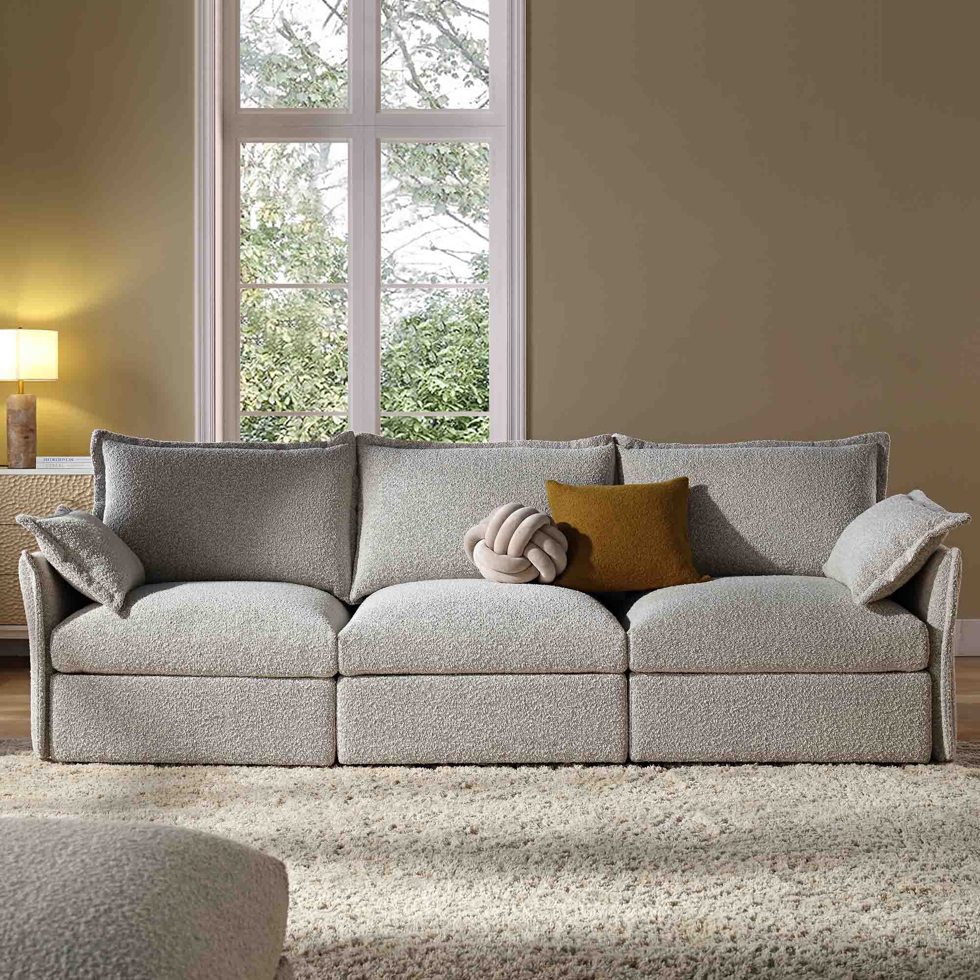 Byron Pillow Edge Mist Grey Boucle Modular Sofa, 3-Seater | daals