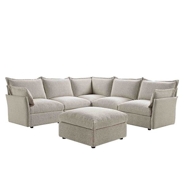 Byron Pillow Edge Mist Grey Boucle Modular Sofa, 5-Seater Corner & Stool Set