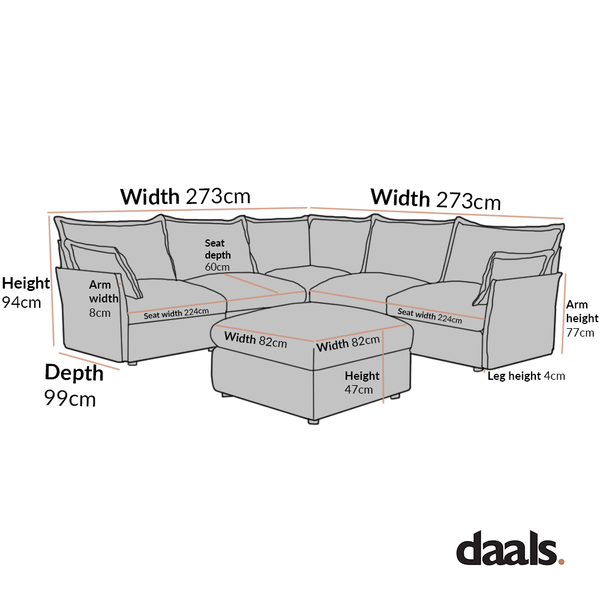 Byron Pillow Edge Beige Fabric Modular Sofa, 5-Seater Corner & Stool Set