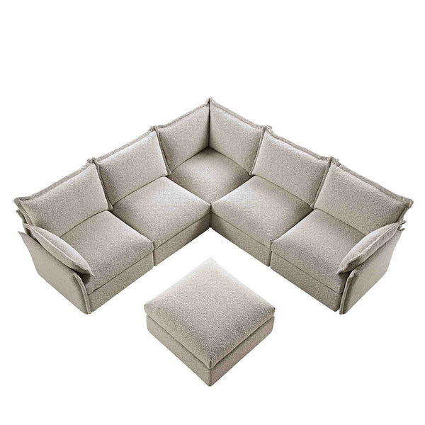 Byron Pillow Edge Mist Grey Boucle Modular Sofa, 5-Seater Corner & Stool Set