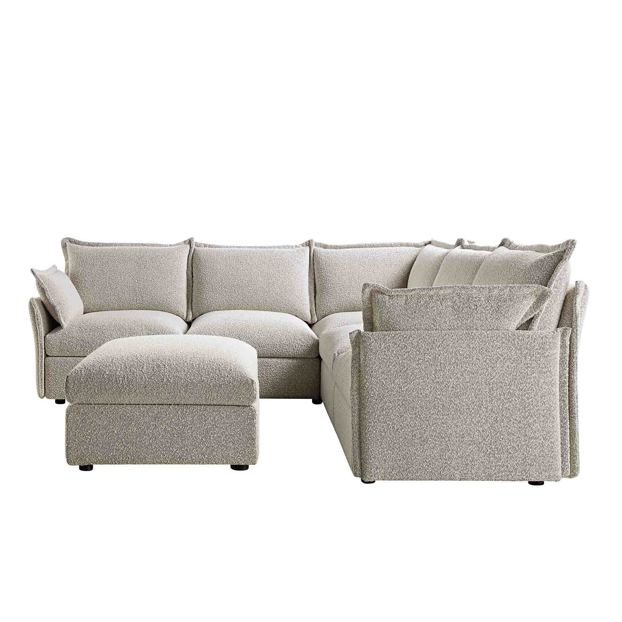 Byron Pillow Edge Mist Grey Boucle Modular Sofa, 5-Seater Corner & Stool Set