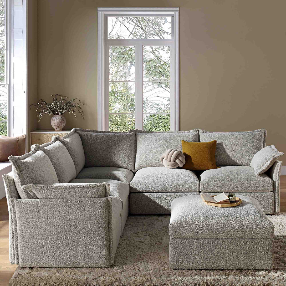 Byron Pillow Edge Mist Grey Boucle Modular Sofa, 5-Seater Corner & Sto ...