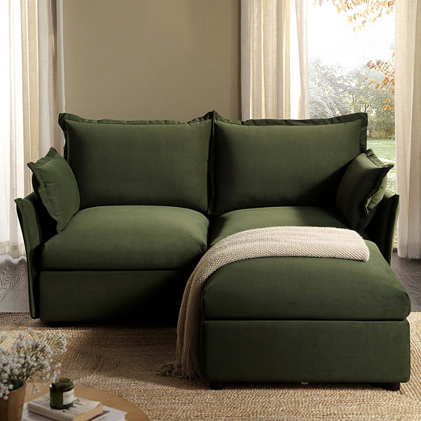 Byron Pillow Edge Moss Green Velvet Modular Sofa, 2-Seater Chaise