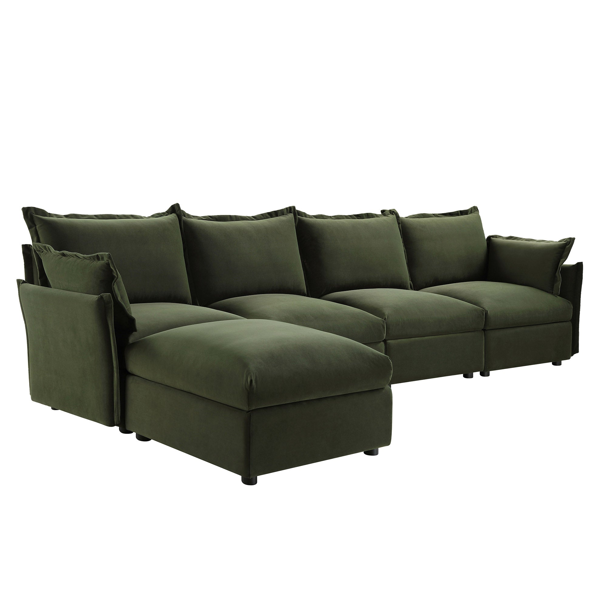 Byron Pillow Edge Moss Green Velvet Modular Sofa, 4-Seater Chaise
