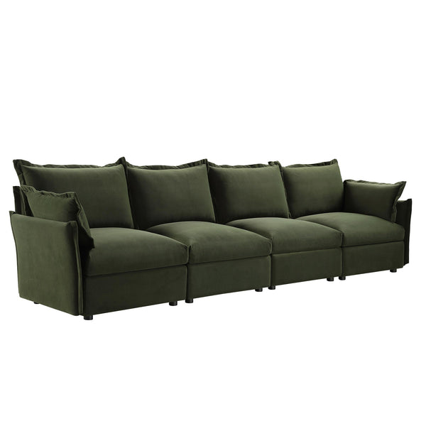 Byron Pillow Edge Moss Green Velvet Modular Sofa, 4-Seater