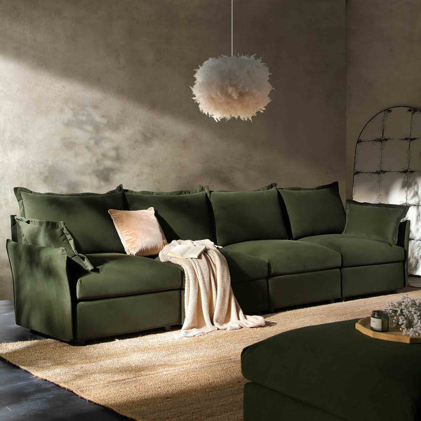 Byron Pillow Edge Moss Green Velvet Modular Sofa, 4-Seater