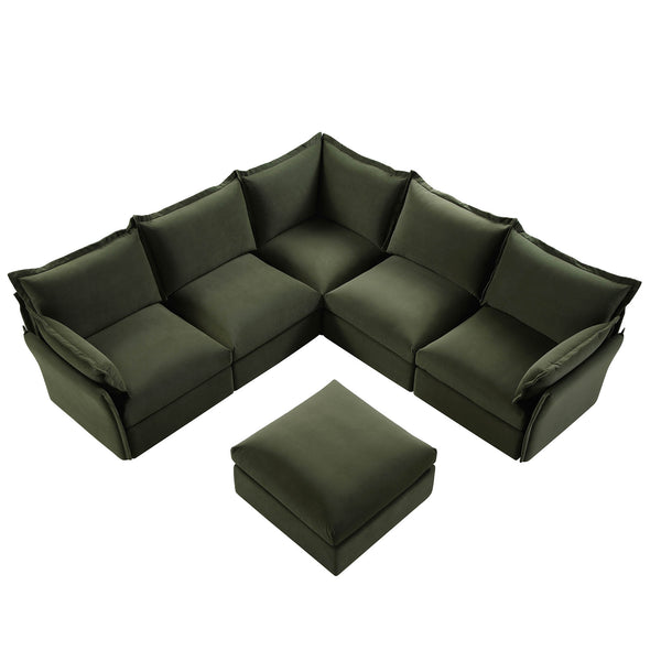 Byron Pillow Edge Moss Green Velvet Modular Sofa, 5-Seater Corner & Stool Set