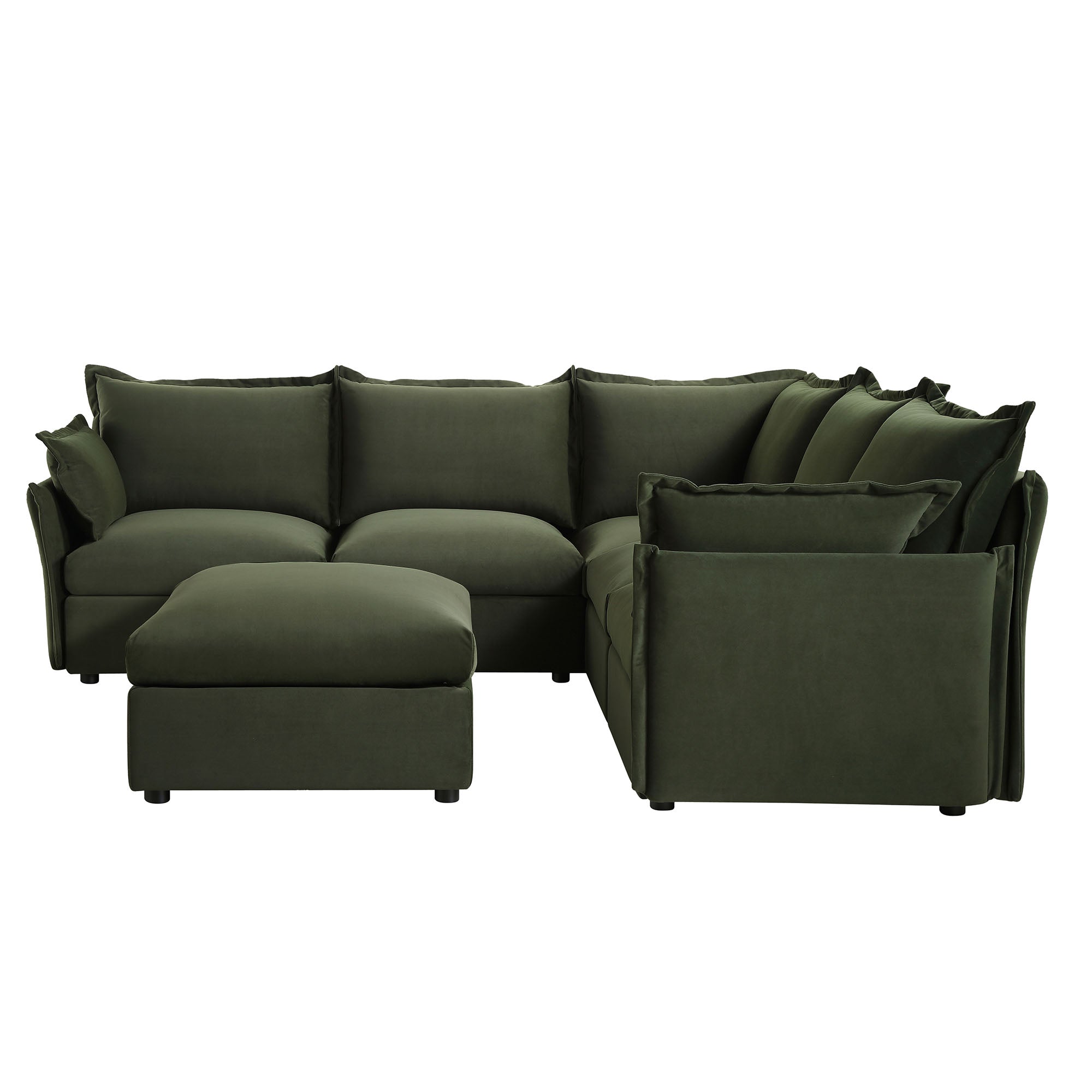 Byron Pillow Edge Moss Green Velvet Modular Sofa, 5-Seater Corner & Stool Set