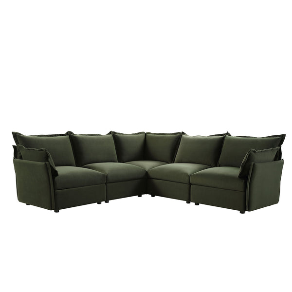Byron Pillow Edge Moss Green Velvet Modular Sofa, 5-Seater Corner