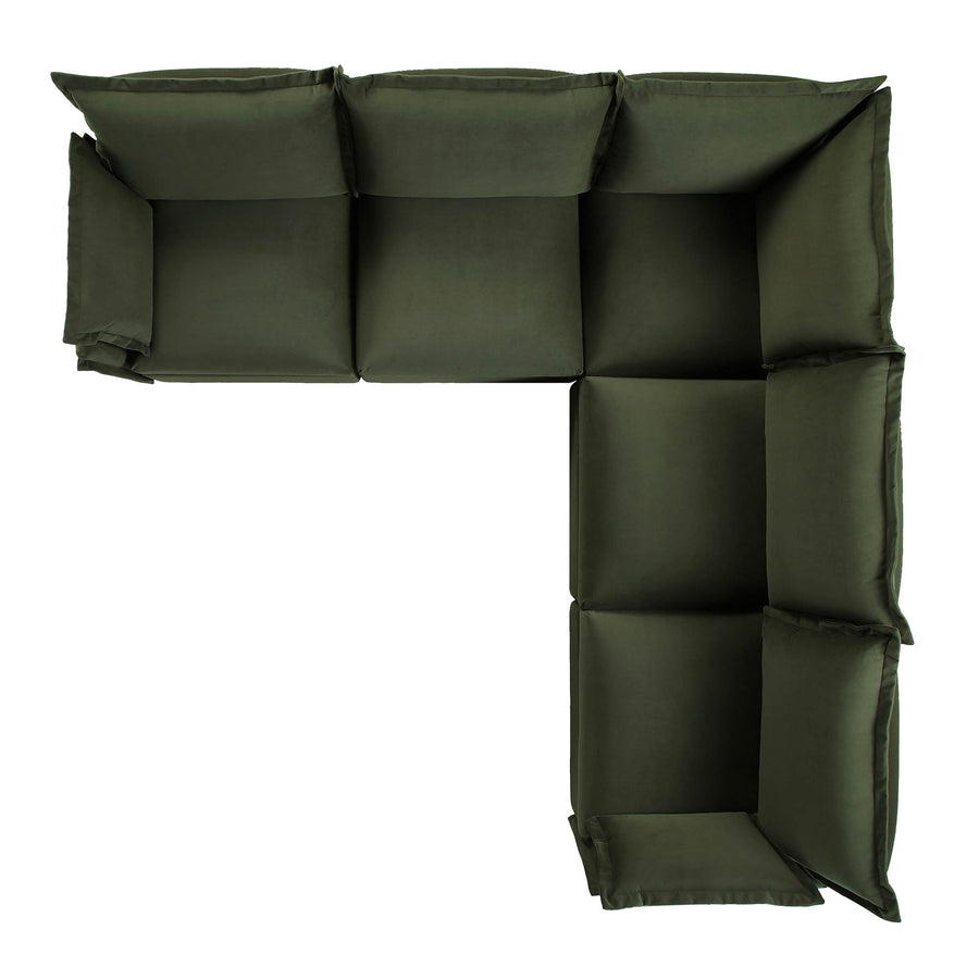 Byron Pillow Edge Moss Green Velvet Modular Sofa, 5-Seater Corner
