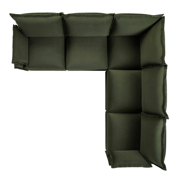 Byron Pillow Edge Moss Green Velvet Modular Sofa, 5-Seater Corner