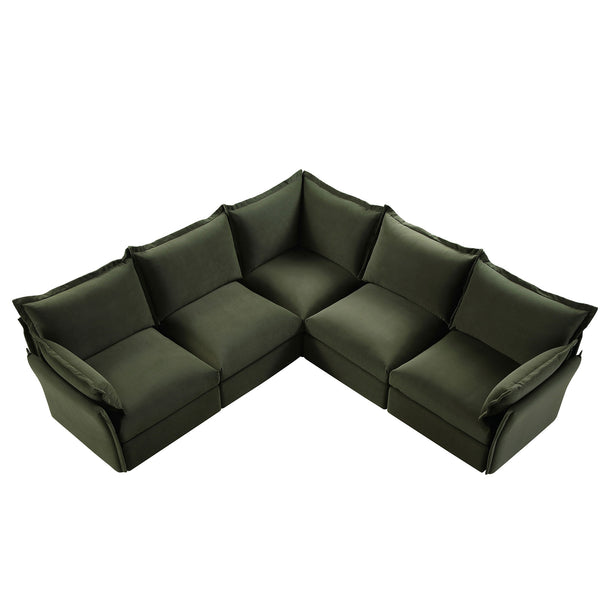 Byron Pillow Edge Moss Green Velvet Modular Sofa, 5-Seater Corner