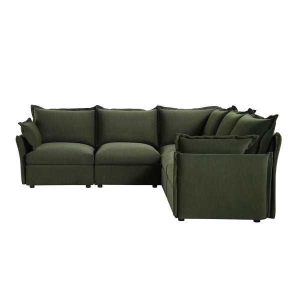 Byron Pillow Edge Moss Green Velvet Modular Sofa, 5-Seater Corner