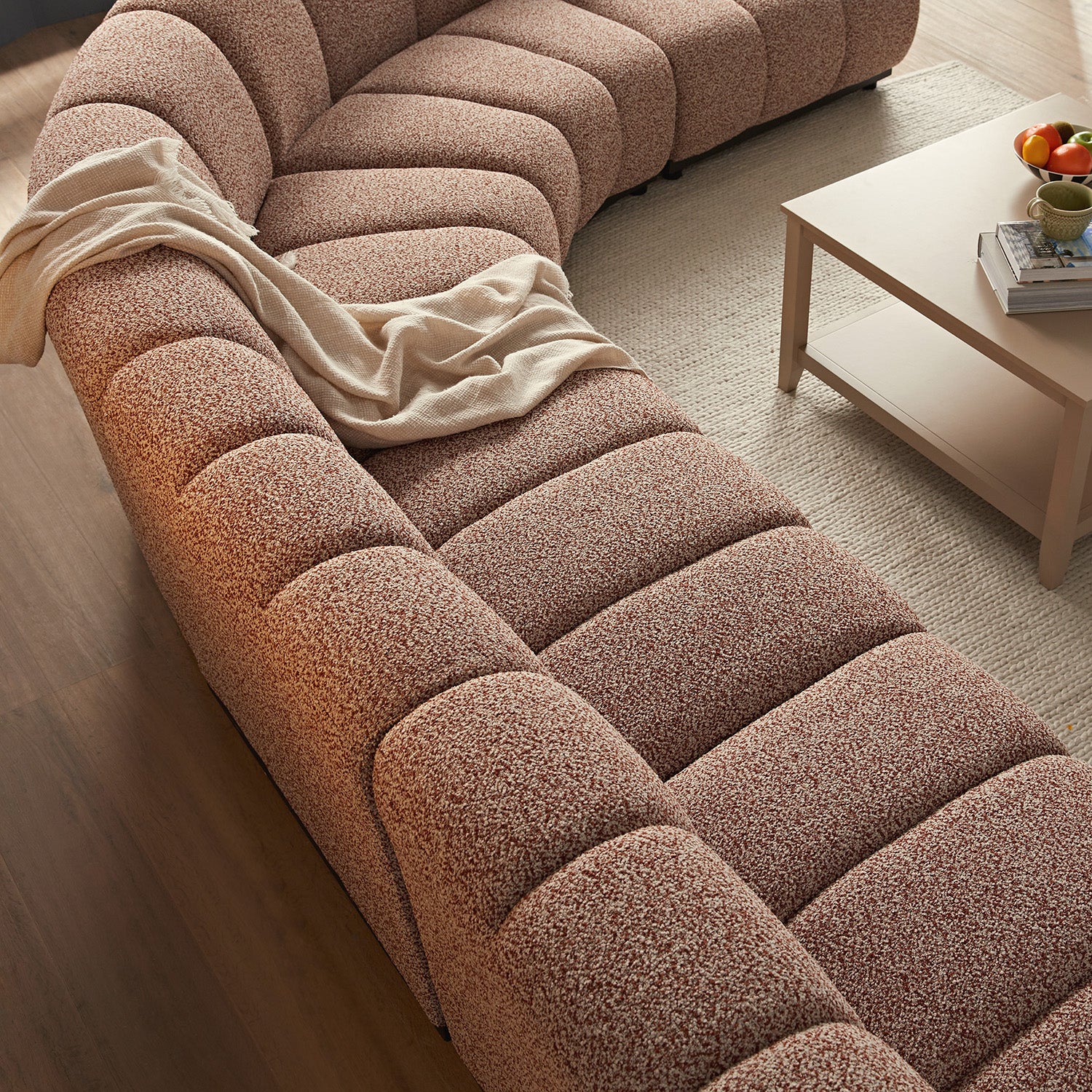 Granvia Musk Blush Boucle Modular Sofa, 5-Seater Grand L-Shaped Sofa