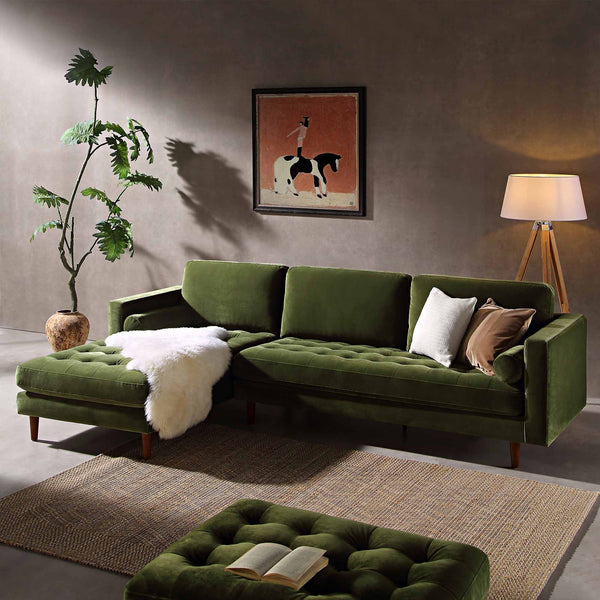 Henrietta Moss Green Velvet Grand 4-Seater Chaise End Sofa, Left