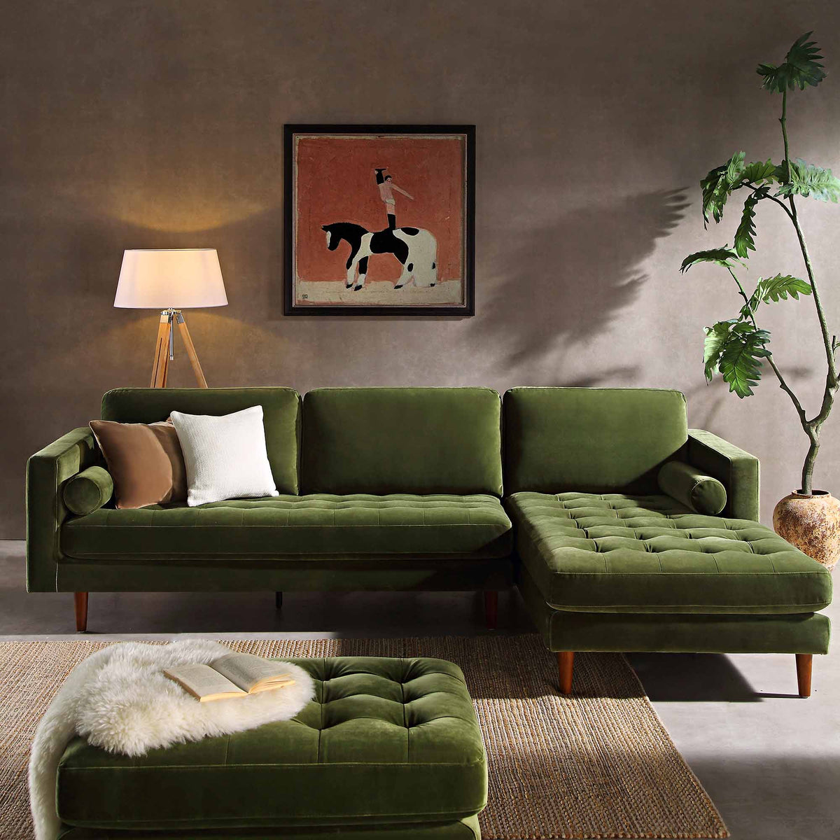 Grand Hand View Henrietta Moss Green Velvet Grand 4-Seater Chaise End Sofa, Right Hand ...