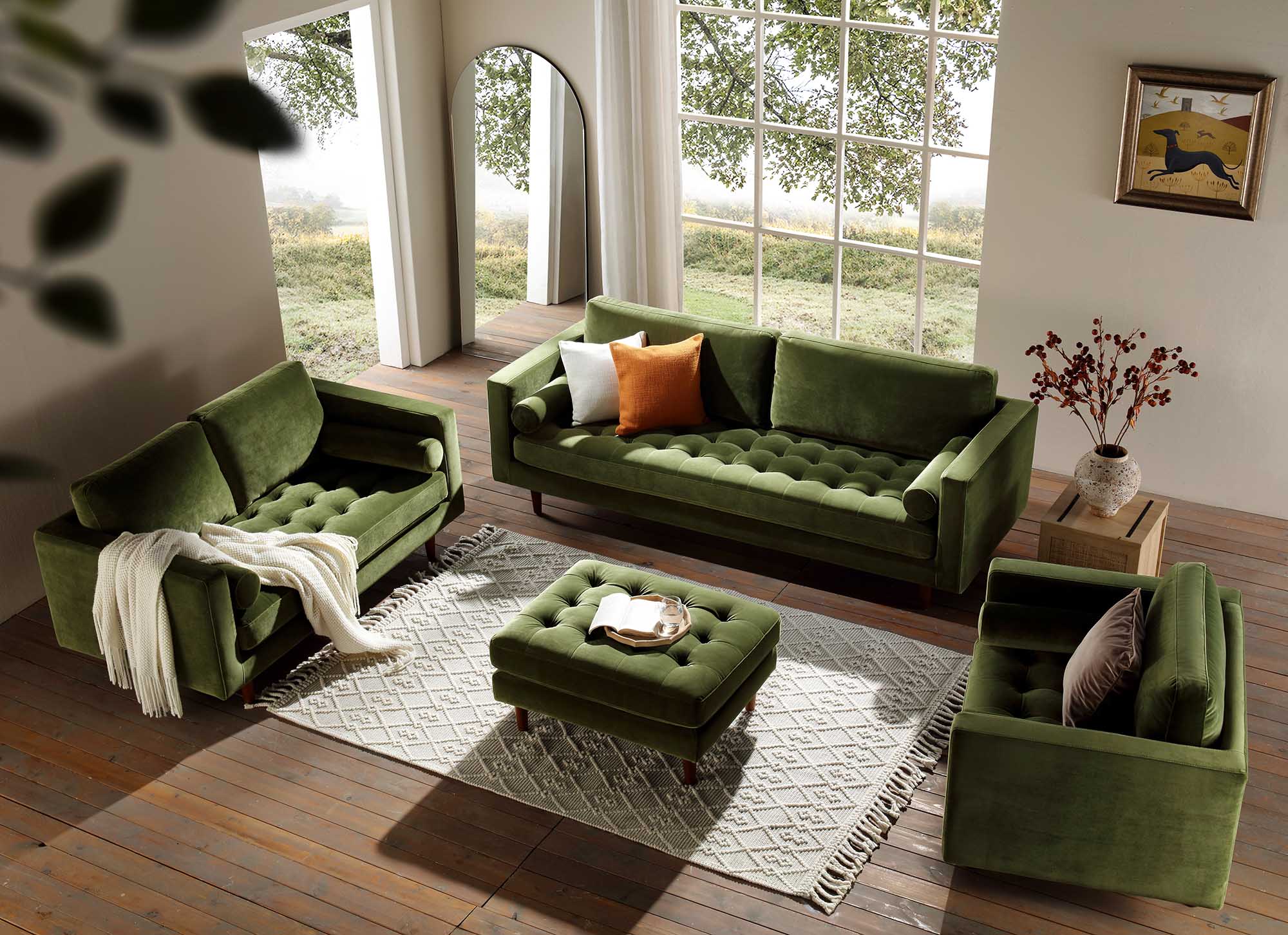 Henrietta 2-Seater Sofa, Moss Green Velvet