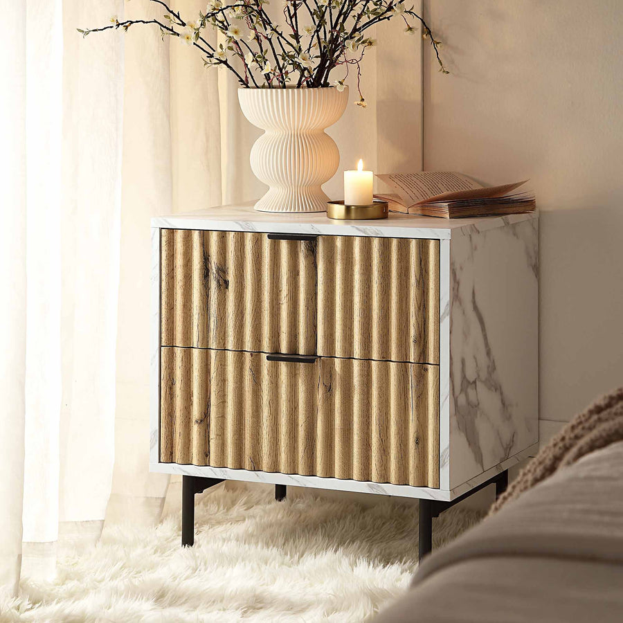 Aspen Oak and Marble Effect 2-Drawer Bedside Table