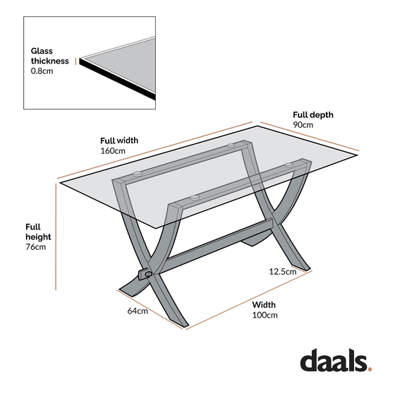 Lugano 160cm Rectangular Glass Top Solid Oak Legs Dining Table