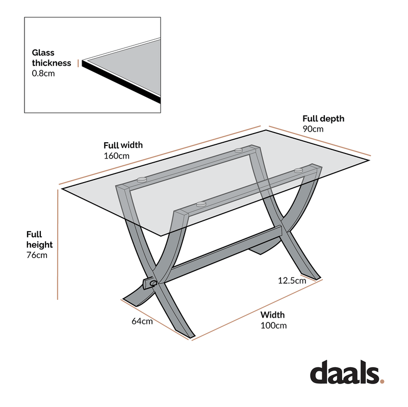 Lugano 160cm Rectangular Glass Top Solid Oak Legs Dining Table