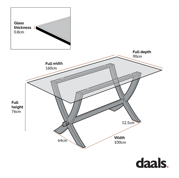 Lugano 160cm Rectangular Glass Top Solid Oak Legs Dining Table