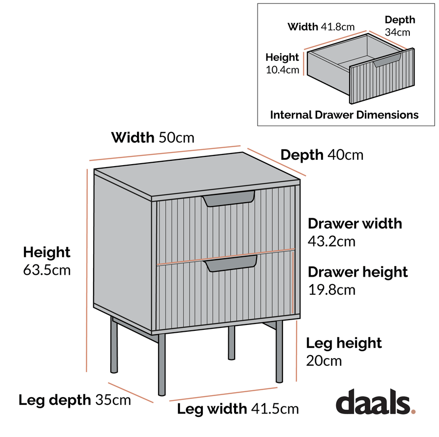 Richmond Ridged 2 Drawer Bedside Table, Dark Ash
