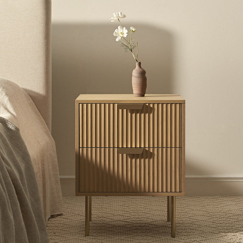 Richmond Ridged 2 Drawer Bedside Table, Light Ash