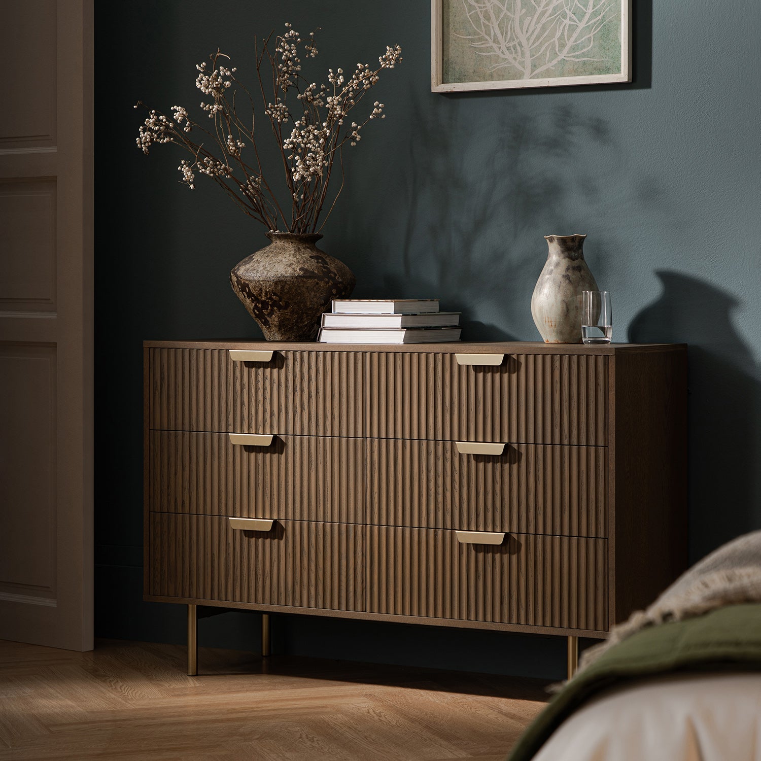 Richmond Ridged Wide Chest of 6 Drawers, Dark Ash