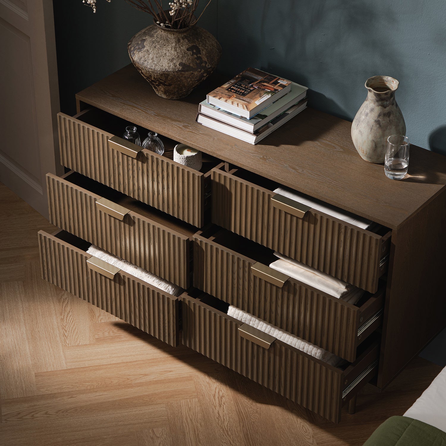 Richmond Ridged Wide Chest of 6 Drawers, Dark Ash