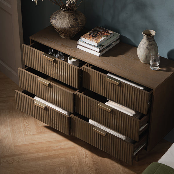 Richmond Ridged Wide Chest of 6 Drawers, Dark Ash