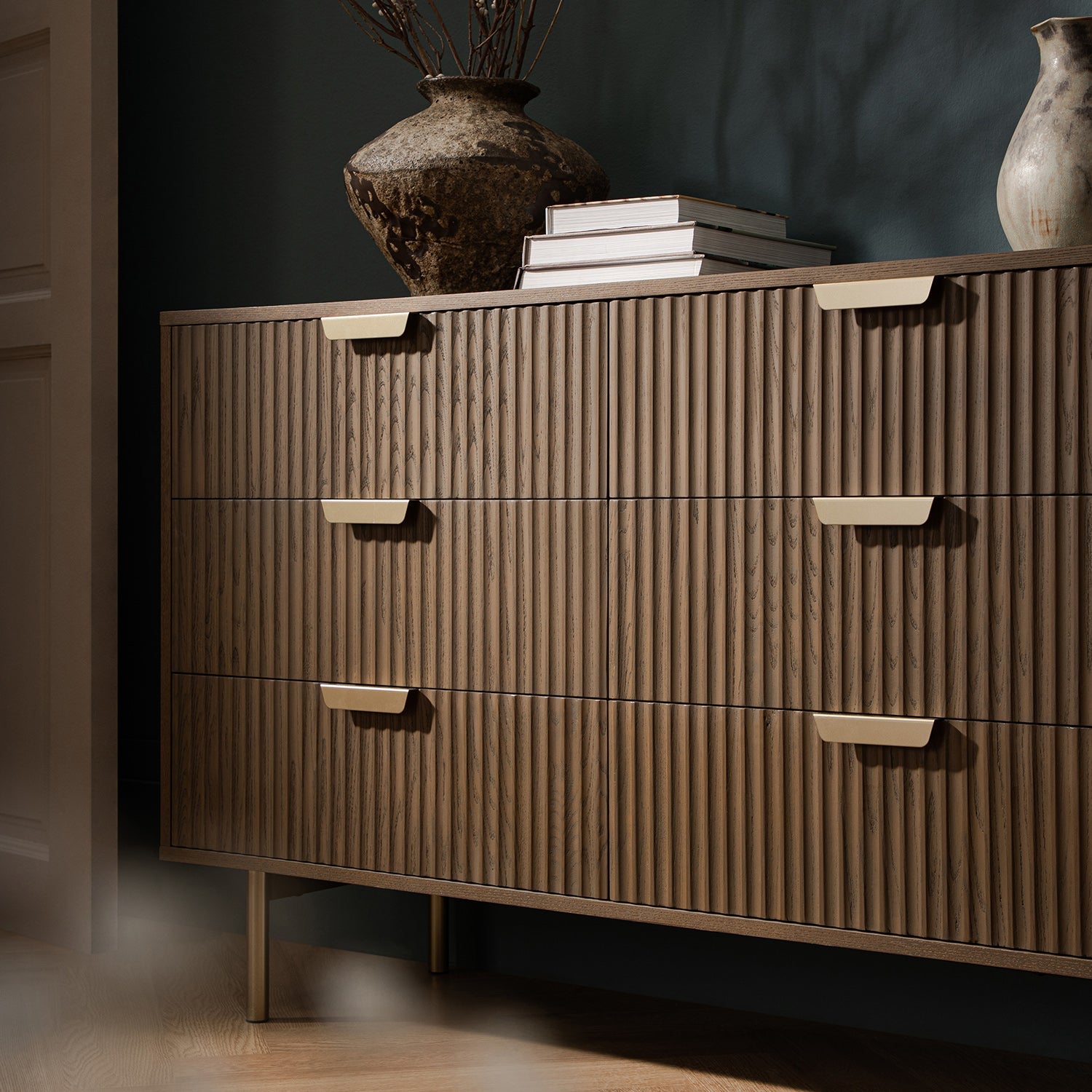 Richmond Ridged Wide Chest of 6 Drawers, Dark Ash