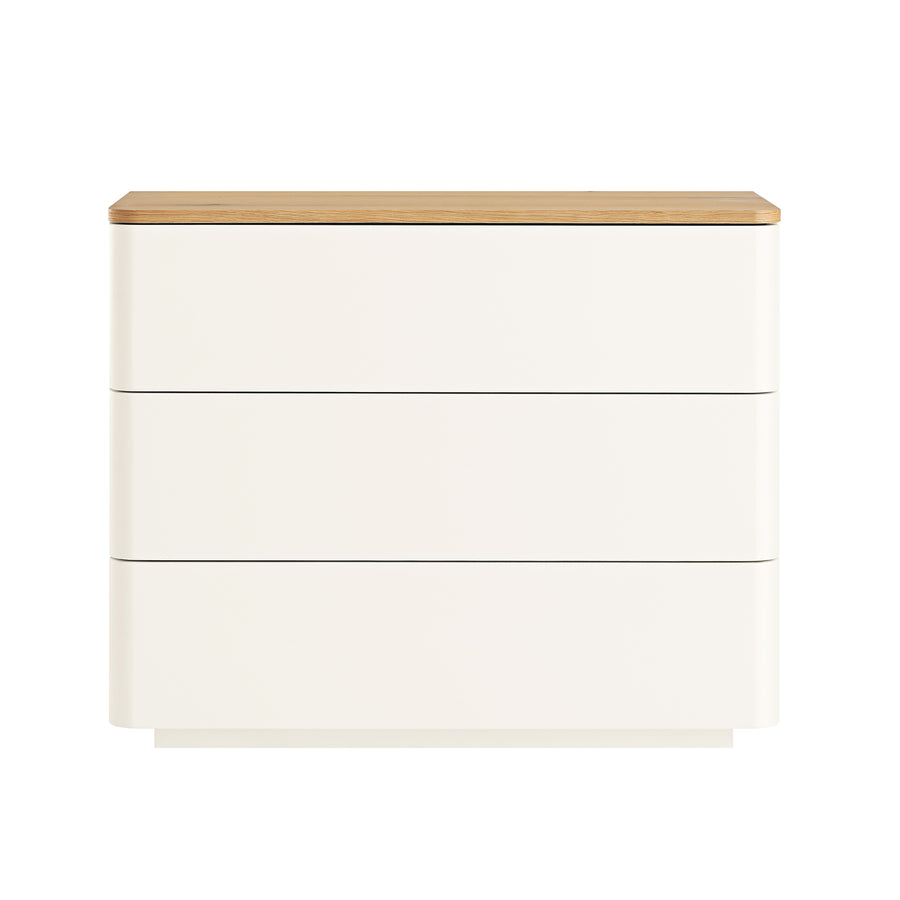 Agnes Curved Edge Chest of 3 Drawers, Off White with Oak Top