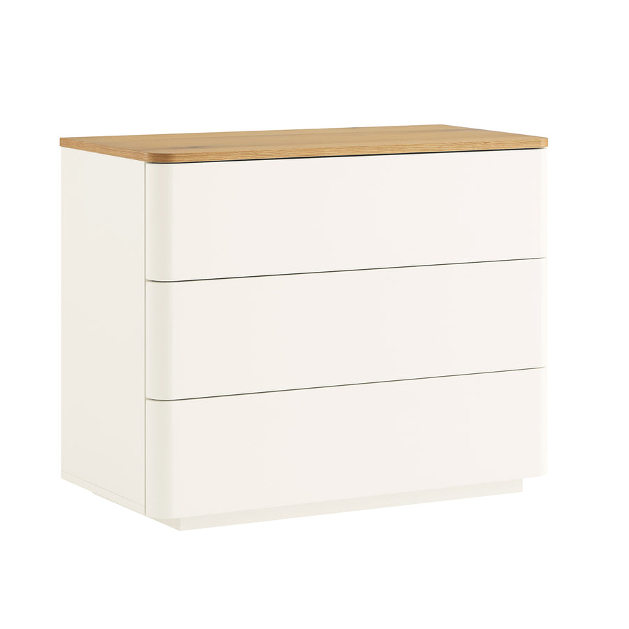 Agnes Curved Edge Chest of 3 Drawers, Off White with Oak Top