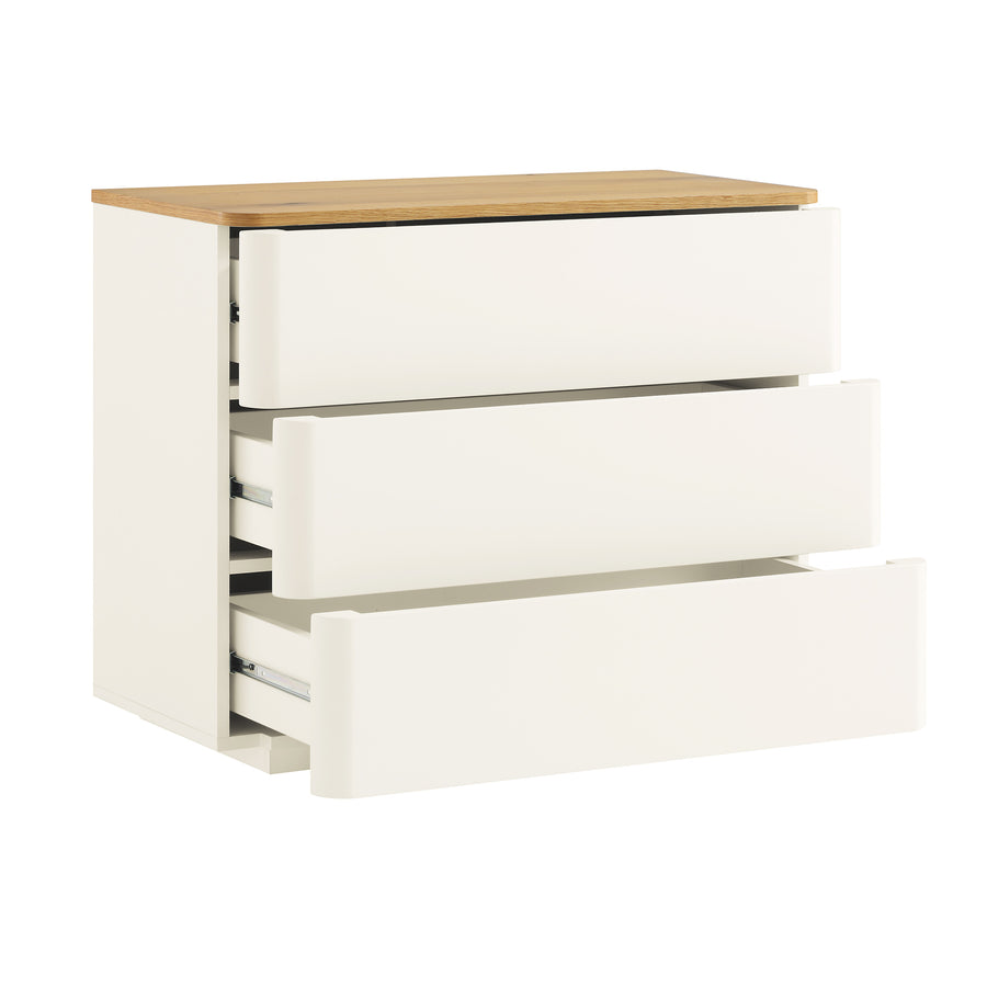 Agnes Curved Edge Chest of 3 Drawers, Off White with Oak Top
