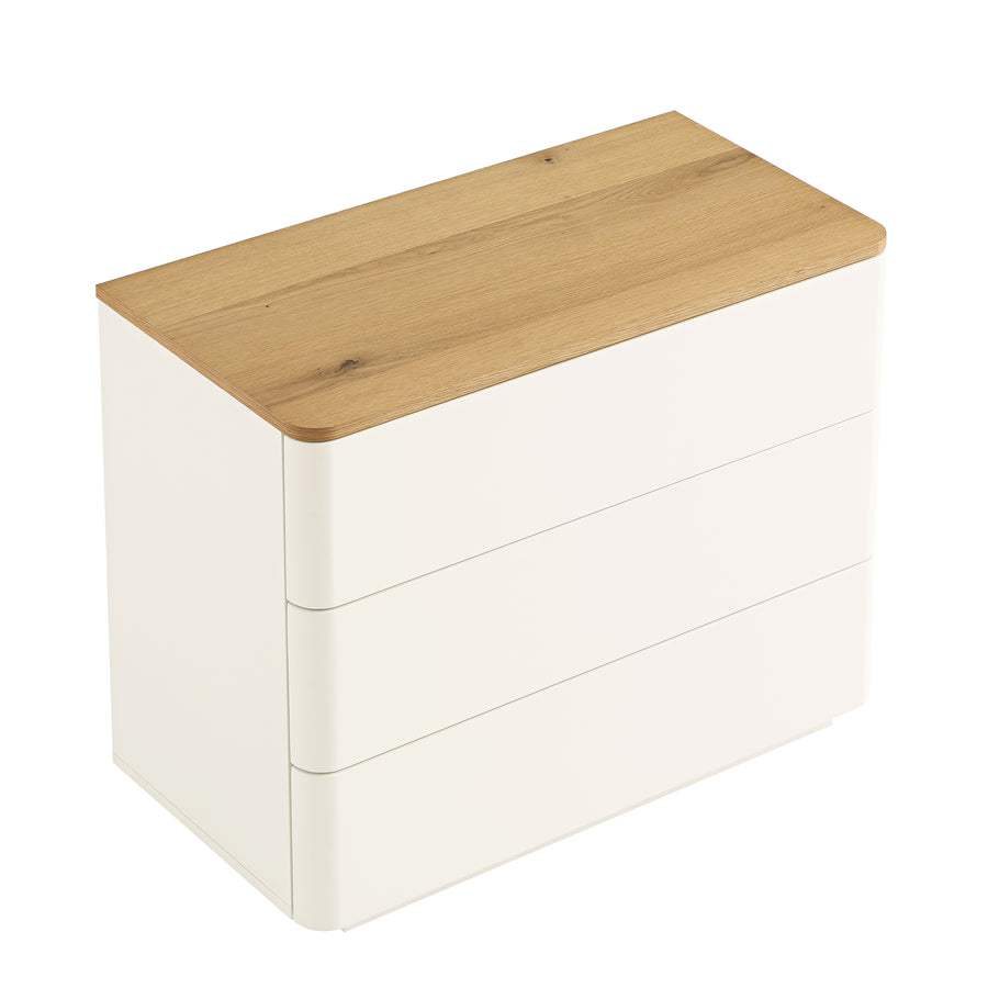 Agnes Curved Edge Chest of 3 Drawers, Off White with Oak Top