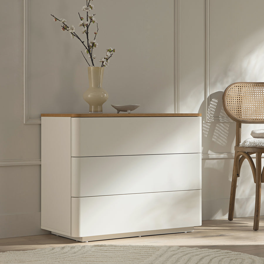 Agnes Curved Edge Chest of 3 Drawers, Off White with Oak Top