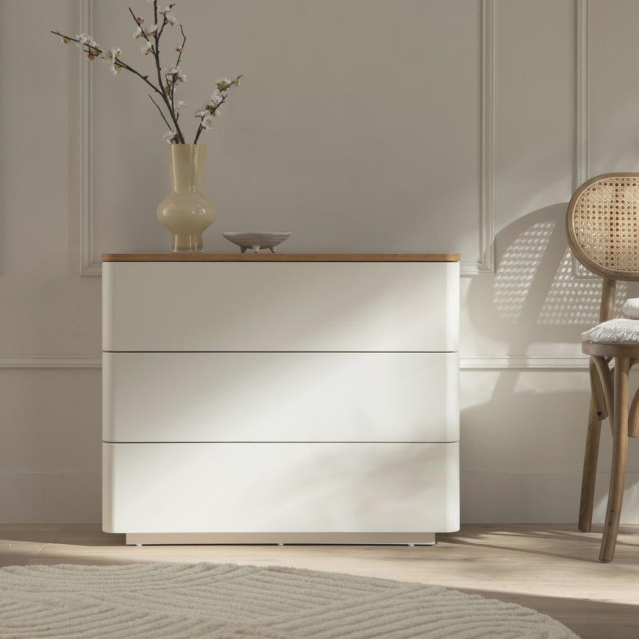 Agnes Curved Edge Chest of 3 Drawers, Off White with Oak Top
