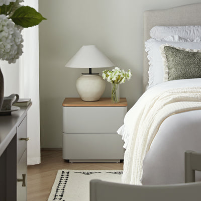 Agnes Curved Edge 2 Drawer Bedside Table, Dove Grey with Oak Top